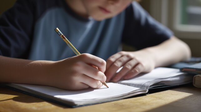Focused boy writing in notebook at study desk, showcasing concentration and creativity. warm light enhances scene, highlighting act of learning and exploration