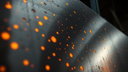 Glowing orange patterns dance across an industrial metal surface, creating an abstract play of light and shadow.