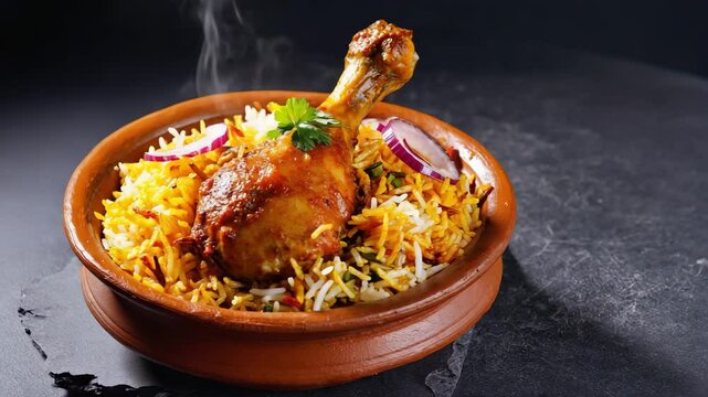 Delicious chicken biryani served in a traditional pot with aromatic spices