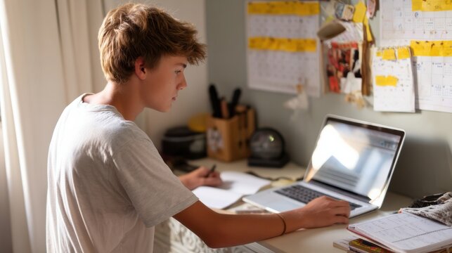 Teenage student is focused on organizing their desk at home while using laptop. workspace is tidy, featuring calendars and stationery, creating productive atmosphere for studying