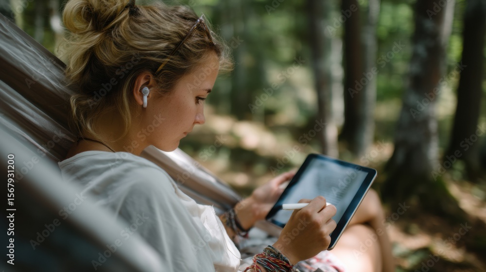 Poster woman is relaxing in hammock in forest, using tablet and stylus to create or take notes. she appears