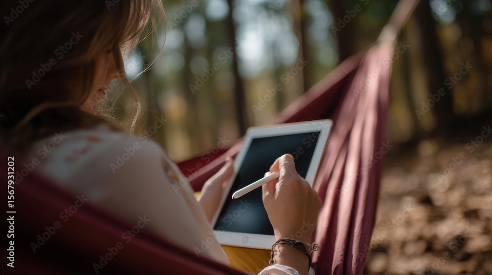 Poster woman relaxes in hammock surrounded by trees, using tablet and stylus to create or work on project. 