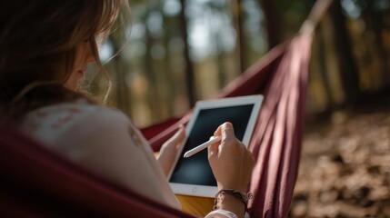 Woman relaxes in hammock surrounded by trees, using tablet and stylus to create or work on project. serene forest setting enhances peaceful atmosphere