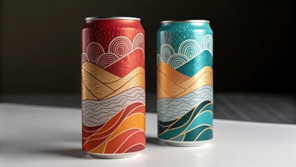Two elegantly designed beverage cans featuring abstract mountain and wave patterns in vibrant colors