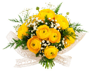 Romantic Buttercup Flower Bouquet in Soft Yellow Tones, isolated on a transparent background.