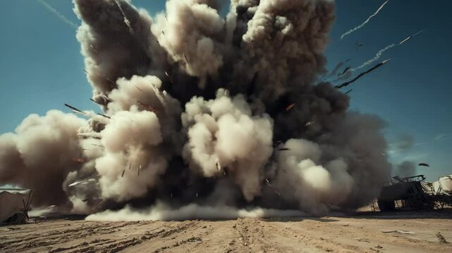Explosion,  cluster bomb grenade in war scenario. Cluster bomb explosion in modern warfare scenario. Huge explosion with fragments on air	