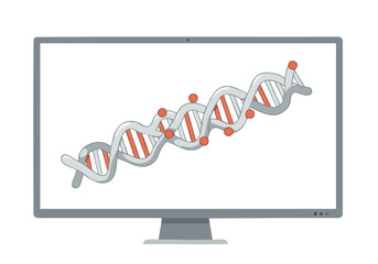 A modern computer screen displays a stylized mRNA molecule. Clean, graphic design. Ideal for science, technology, and healthcare visuals.
