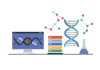 Modern graphic showcasing mRNA technology with DNA, a computer screen, and data stacks. Illustrates biotechnology and genetic research. Clean, professional design.