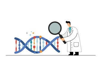 A scientist examines a DNA helix with a magnifying glass. A clean, modern illustration highlights genetic research. Perfect for science, biology, and education visuals.