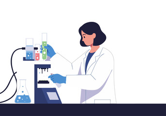 A female scientist meticulously operates laboratory equipment, focused on research. Clean, modern lab setting.  Illustrative style.