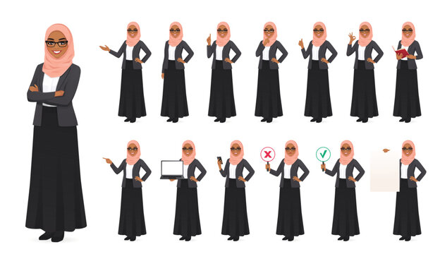 Beautiful business woman in hijab standing in different poses set. Isolated vector illustration set