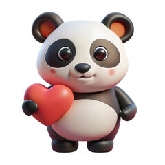 Cute 3d rendered panda holding a red heart isolated on white background