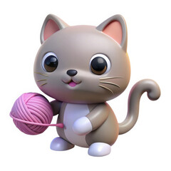 Cute cartoon cat holding a ball of pink yarn isolated on white background