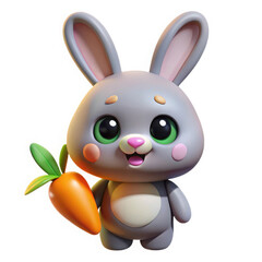 Cute cartoon grey bunny rabbit holding a carrot isolated on white background