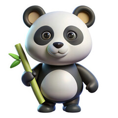 Cute cartoon panda holding a bamboo stalk isolated on white background