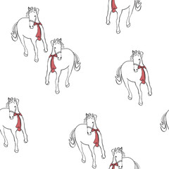 Horses with ribbon bows vector seamless pattern for fabric, wrapping. Christmas festive design. Hand drawn line art illustration of wild animals