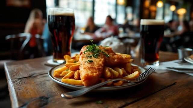 Authentic Fish and Chips with Dark Beer in a Cozy Pub Setting Ambiance
