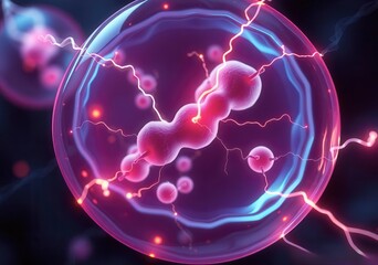 Abstract Cell Biology Concept, Pink and Blue Energy, Sphere, Science, Medical, Healthcare