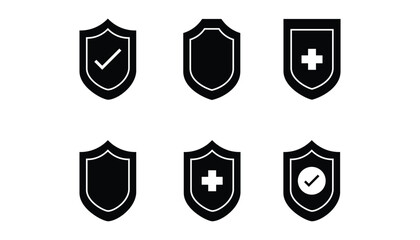Collection of Six Shield Icons with Security Health and Checkmark Symbols	