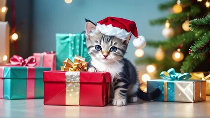 Little cute fluffy kitten sits on the background of Christmas tree and gifts. Adorable tabby cat in Santa hat. Christmas cartoon animation