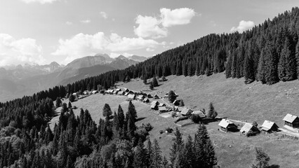 Black-and-white aerial view of Planina Zajamniki on the Pokljuka Plateau. Wooden cottages line an...