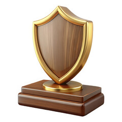 Elegant wooden shield trophy with golden trim isolated on white background