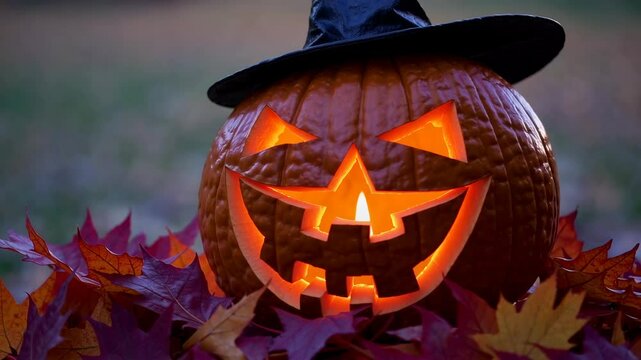 A Jack-o'-Lantern with a black hat on top of it is sitting in a pile of orange leaves. creating a festive and autumnal atmosphere