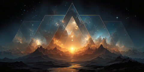 Surreal Cosmic Landscape with Geometric Triangles – Abstract Space Illustration

