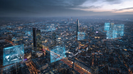 Futuristic smart city with holographic digital interface showing IoT connections and data network
