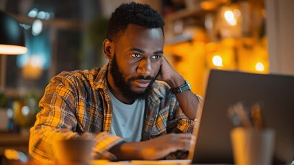 Male college student using his laptop to study and complete assignments at home - Powered by Adobe