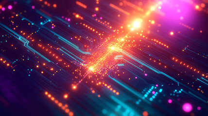 Obraz premium Futuristic neon glowing circuit board background with abstract digital connections and tech layout