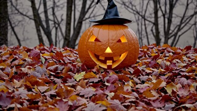 A Jack-o'-Lantern with a black hat on top of it is sitting in a pile of orange leaves. creating a festive and autumnal atmosphere