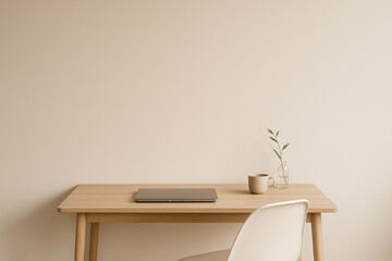 Clean modern workspace with wooden desk, cup, and green stem in glass vase.