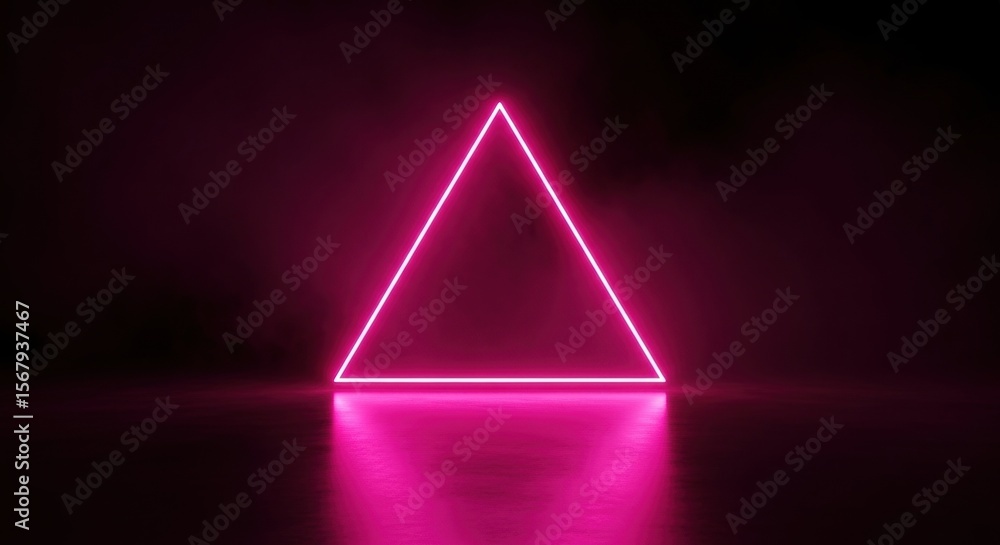 Poster glowing neon pink triangle shape with bright reflection on dark ground. abstract futuristic geometri