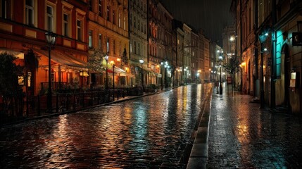 Fototapeta premium Rainy night city street warm lights reflecting on wet cobblestone road