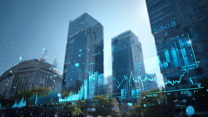 Modern city skyline with holographic financial charts and digital economy data visualization overlay