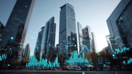 Modern city skyline with holographic financial charts and digital economy data visualization overlay