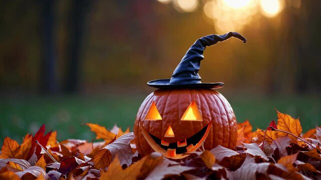 A Jack-o'-Lantern with a black hat on top of it is sitting in a pile of orange leaves. creating a festive and autumnal atmosphere
