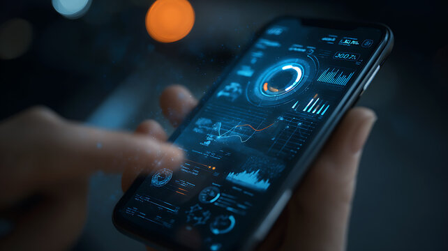 Hand interacting with futuristic holographic smartphone UI showing global data and analytics charts