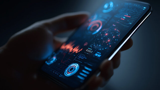 Hand interacting with futuristic holographic smartphone UI showing global data and analytics charts