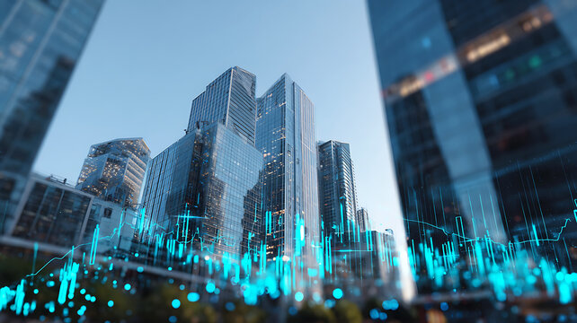 Modern city skyline with holographic financial charts and digital economy data visualization overlay