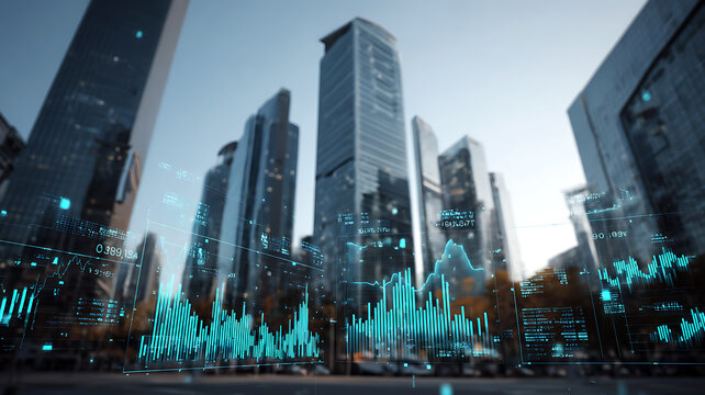 Modern city skyline with holographic financial charts and digital economy data visualization overlay