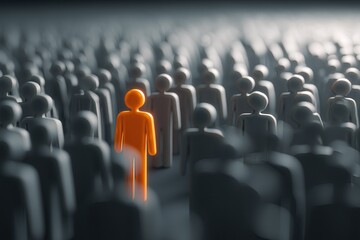 Standing out from the crowd with a bright leader in a field of anonymity and finding individuality.