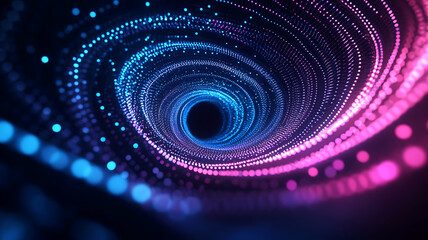 Glowing abstract wave with purple and pink particles on dark background, futuristic tech motion