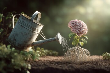 Watering growth cultivating the brain with insight from the vintage watering can and plant to enhance knowledge