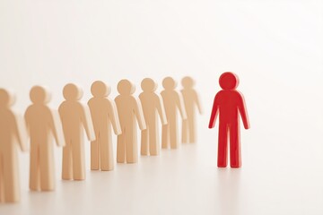 Red figure stands out from the beige crowd, symbolizing leadership and individuality in a concept of distinction.