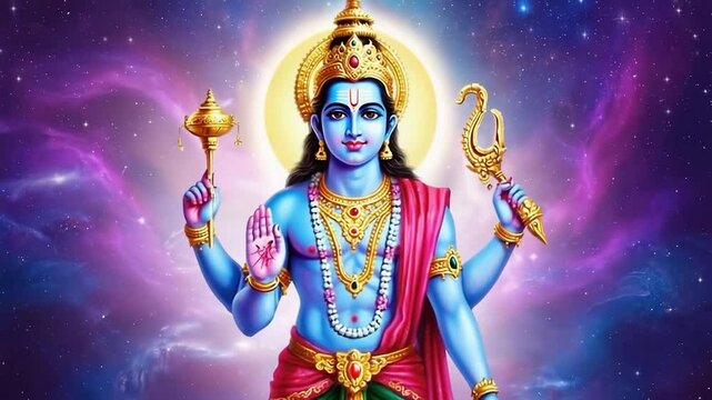Vibrant depiction of Lord Vishnu against a cosmic backdrop