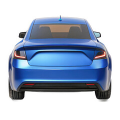 Rear view of a sleek blue electric sedan with modern led taillights isolated on white background