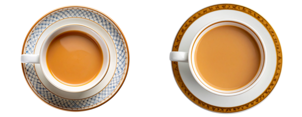 Ceramic Cup and Saucer Filled with Milk Tea, Top View, Isolated on Transparent Background PNG