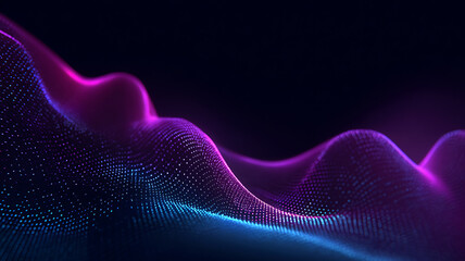 Glowing abstract wave with purple and pink particles on dark background, futuristic tech motion